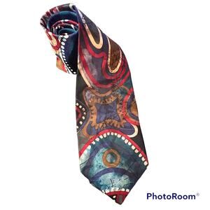 John Weitz Abstract Art Tie 3.75" Wide 58" Long Jewel Tones Red Blue Teal Vtg
